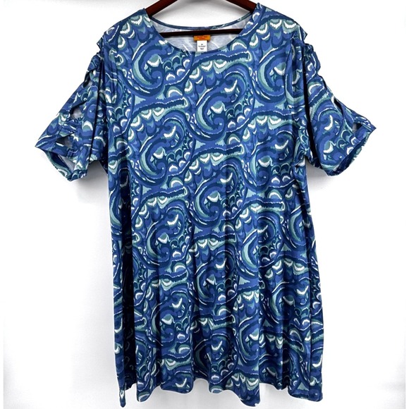 Ruby Road Tops - Ruby Rd Women's Blue Wave Tunic Top Sz 3X Sleeve  Cut Outs Coastal Boho Artsy